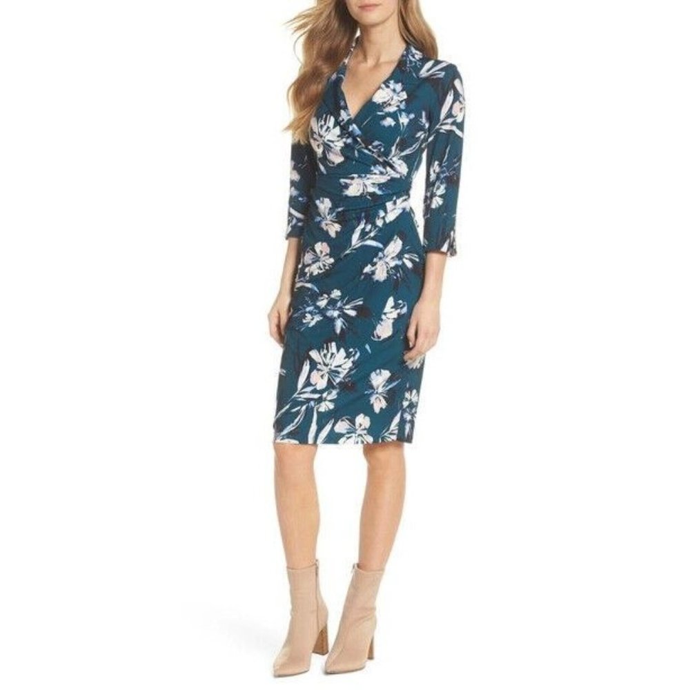 ELIZA J dress faux wrap floral collared knit knee length 3/4 sleeve green 10